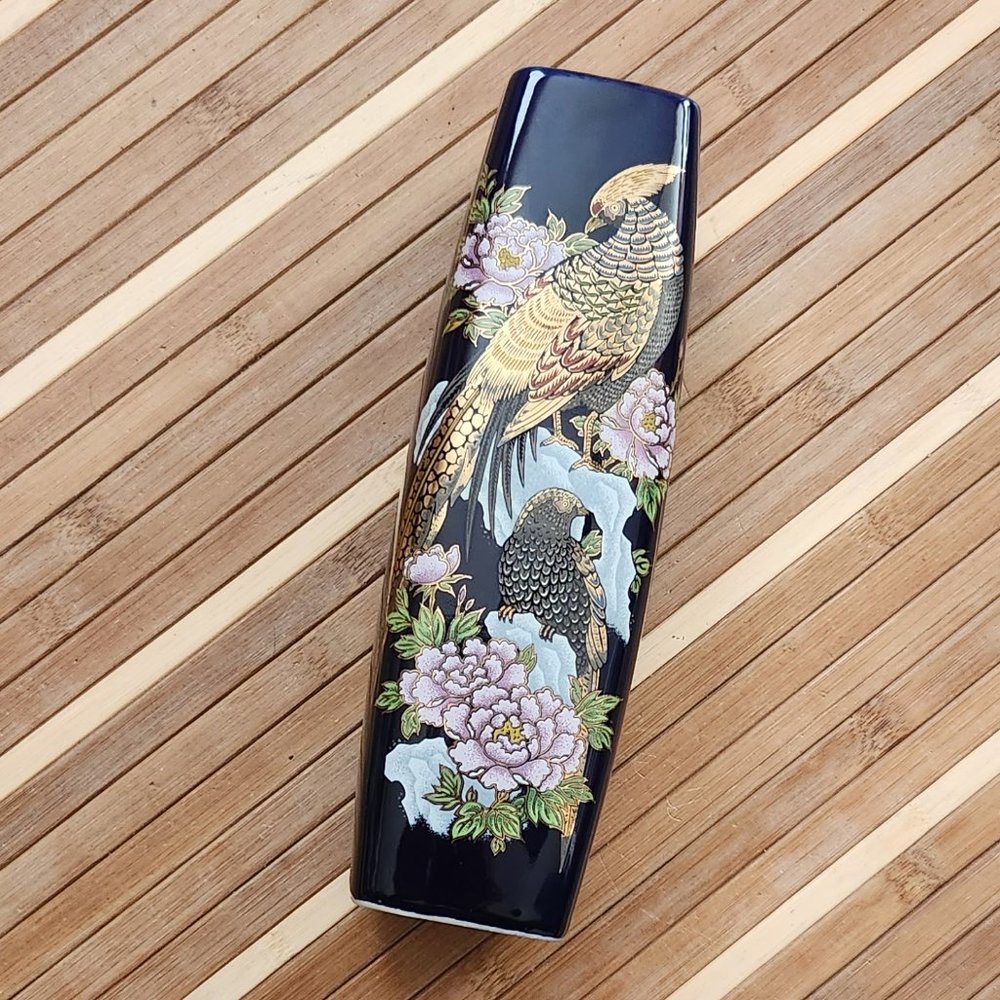 DARK BLUE & GOLD JAPANESE VASE-PEACOCKS & PINK FLOWERS-9 1/2" TALL